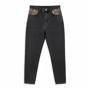 Vtg Jean St. Tropez Acid Wash Black Jeans High Waist Floral Tapestry Pockets 9